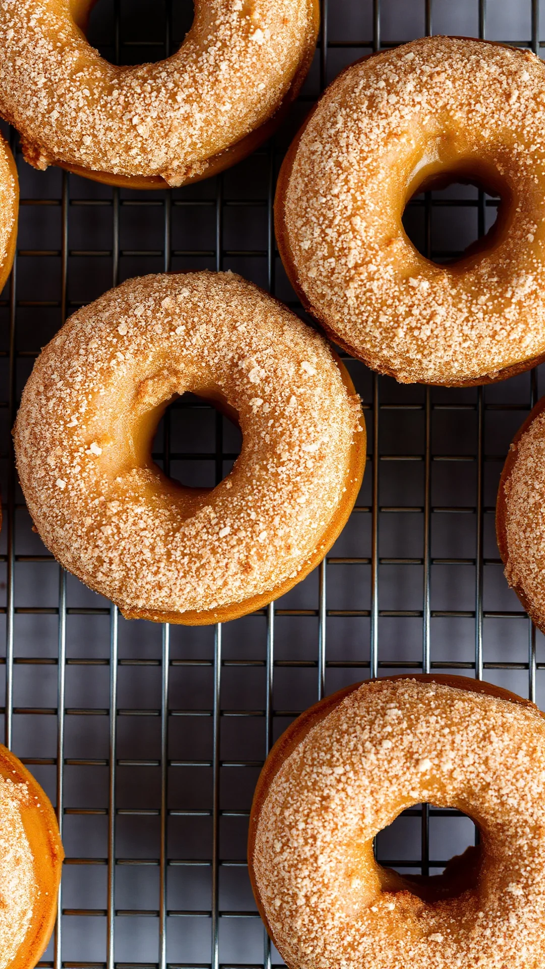 Close-up portrait of baked donuts dusted with cinnamon sugar on a cooling rack, light golden color, healthy homemade look, 9: