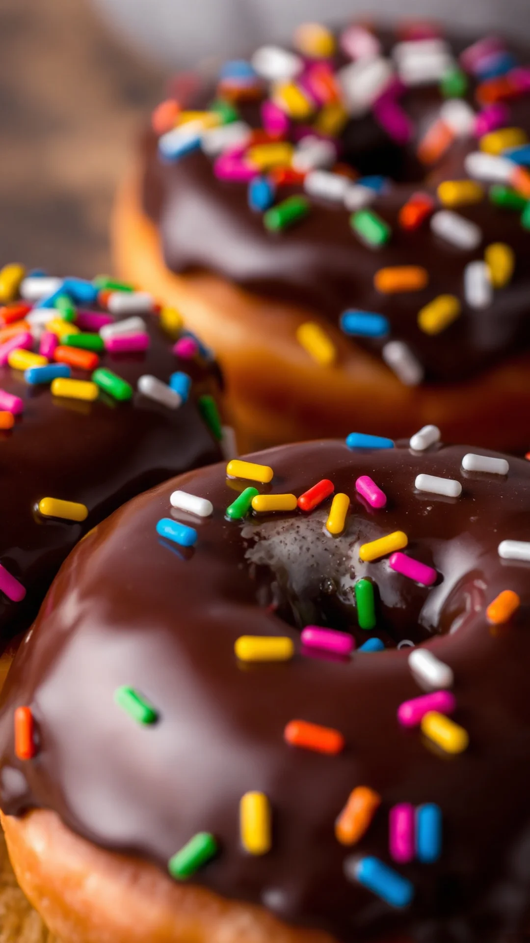 Close-up portrait of chocolate glazed donuts topped with colorful sprinkles, dark rich ganache glistening, rustic background,