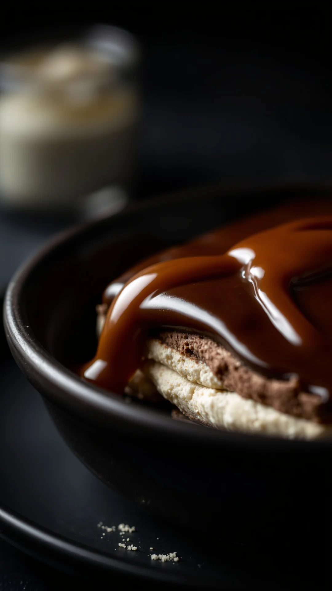 Close-up portrait of chocolate salted caramel tiramisu in a dark ceramic dish, rich chocolate cream layers, glossy caramel dr