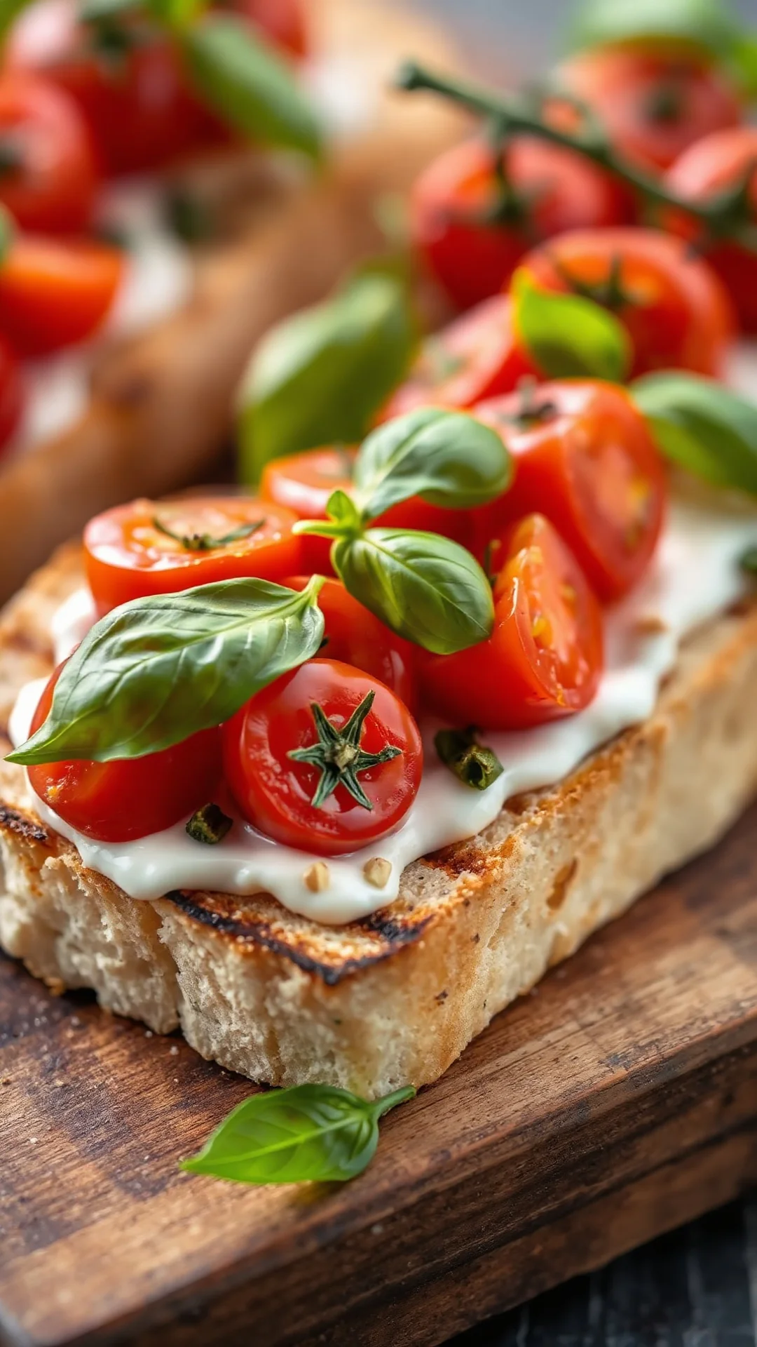 Close-up portrait of classic bruschetta with ripe cherry tomatoes and fresh basil on rustic grilled sourdough bread, vibrant