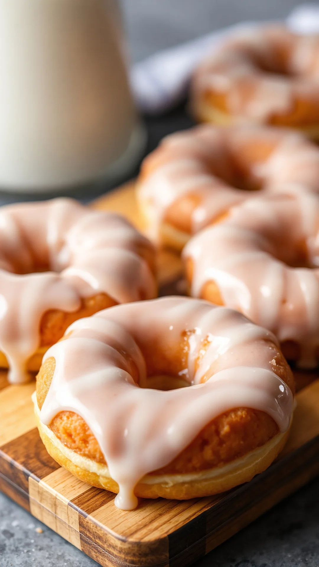 Close-up portrait of classic glazed vanilla donuts on a wooden board, golden fried dough with white shiny glaze dripping, sof