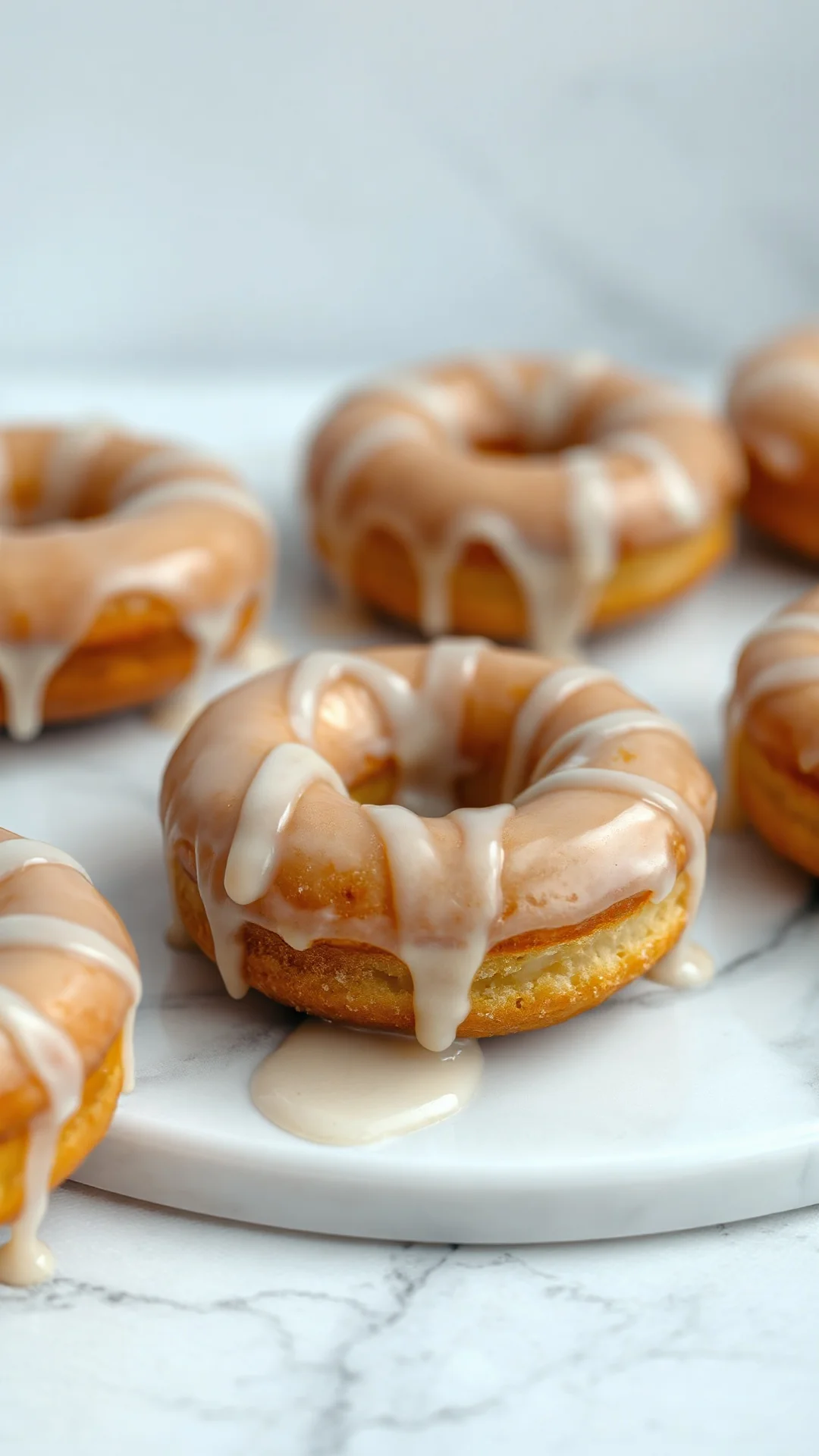 Close-up portrait of classic glazed vanilla donuts on a white marble surface, golden fried dough with shiny white glaze dripp