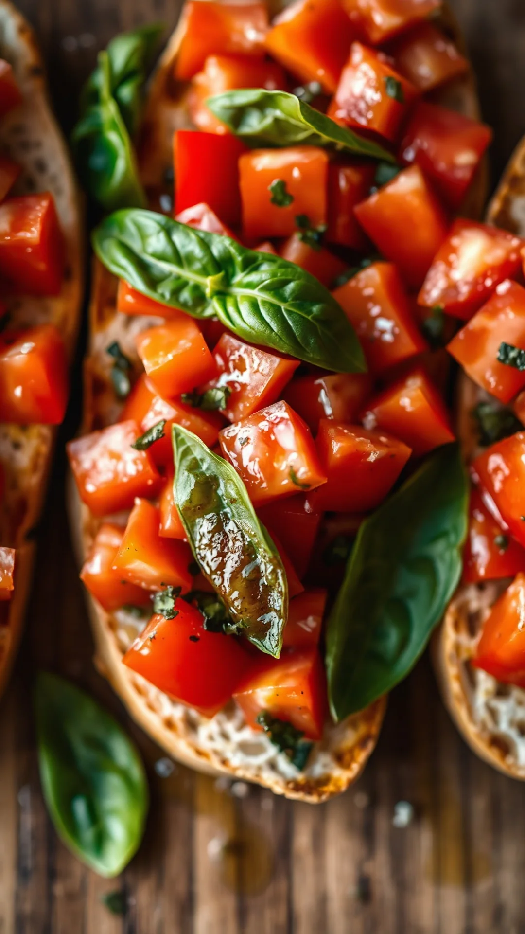 Close-up portrait of classic Italian bruschetta with diced tomatoes and fresh basil on toasted rustic bread, olive oil drizzl