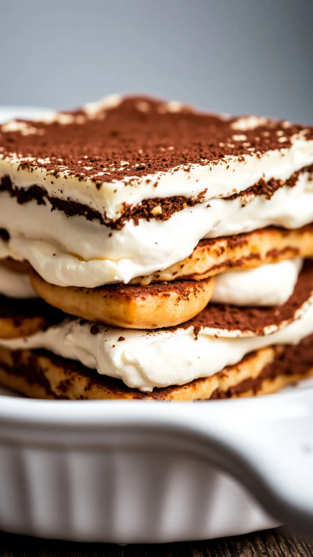 Close-up portrait of classic Italian tiramisu in a white dish, layers of mascarpone cream and coffee-soaked ladyfingers, dust