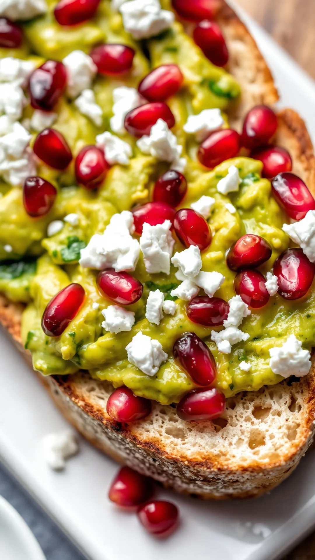 Close-up portrait of colorful bruschetta topped with creamy avocado mash, crumbled feta cheese and ruby pomegranate seeds on