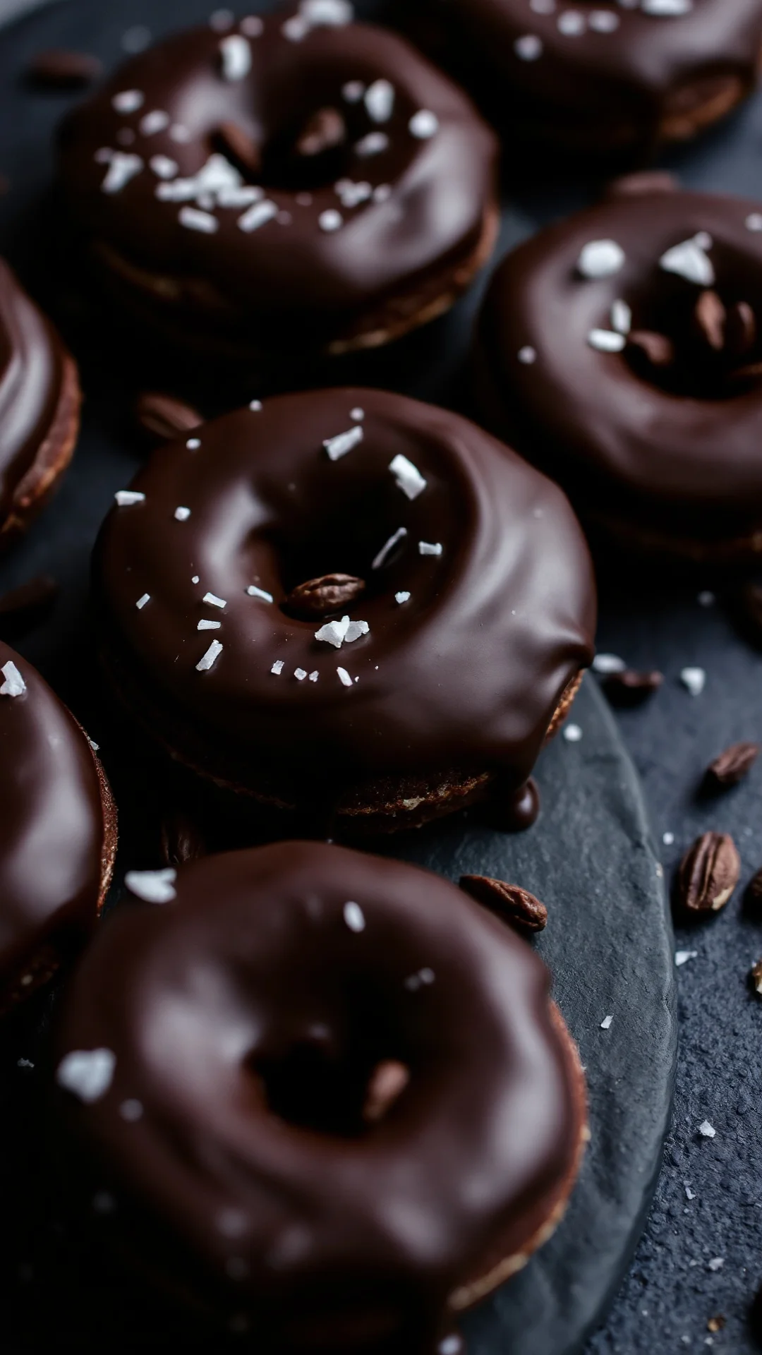 Close-up portrait of dark chocolate glazed donuts with fleur de sel and cacao nibs on dark slate, rich ganache glistening, dr