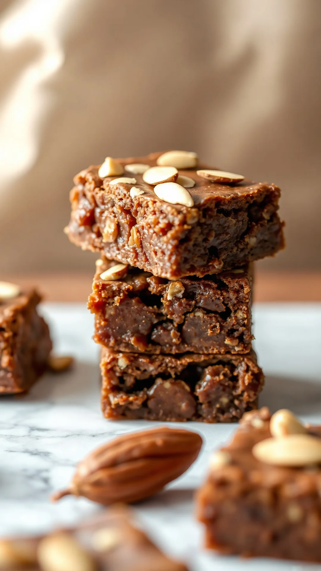 Close-up portrait of date and almond brownies stacked on marble surface, caramel tones, chewy texture, chopped almonds on top