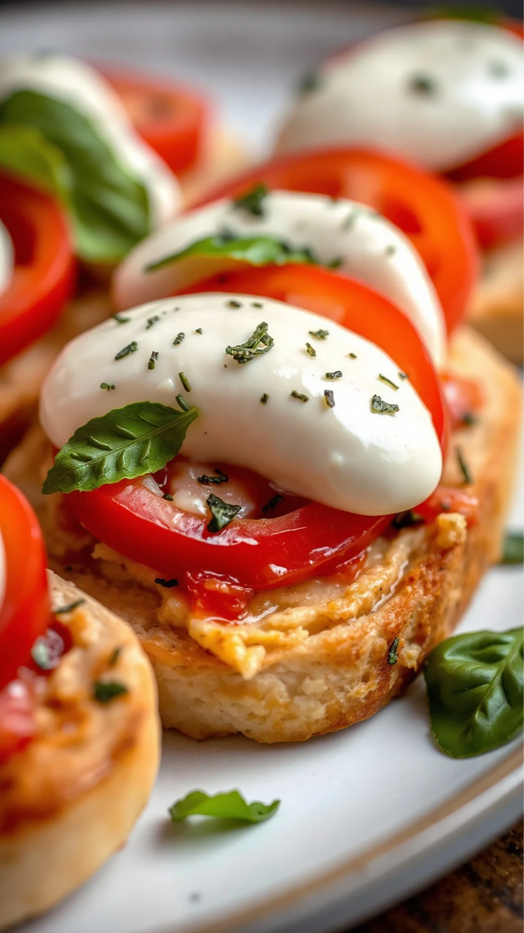 Close-up portrait of delicious chicken bruschetta topped with fresh mozzarella, basil, and tomato, showcasing creamy textures