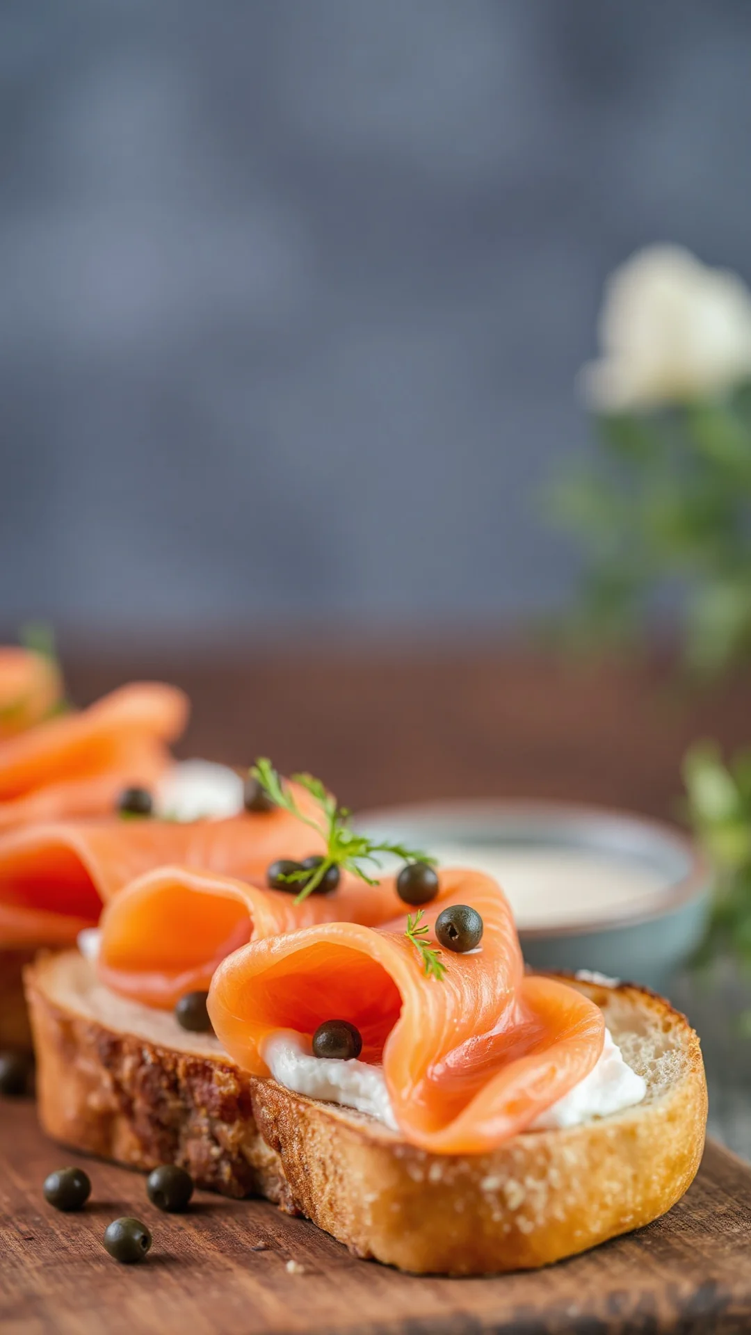 Close-up portrait of elegant bruschetta with smoked salmon rosette, cream cheese, capers and fresh dill on toasted baguette,