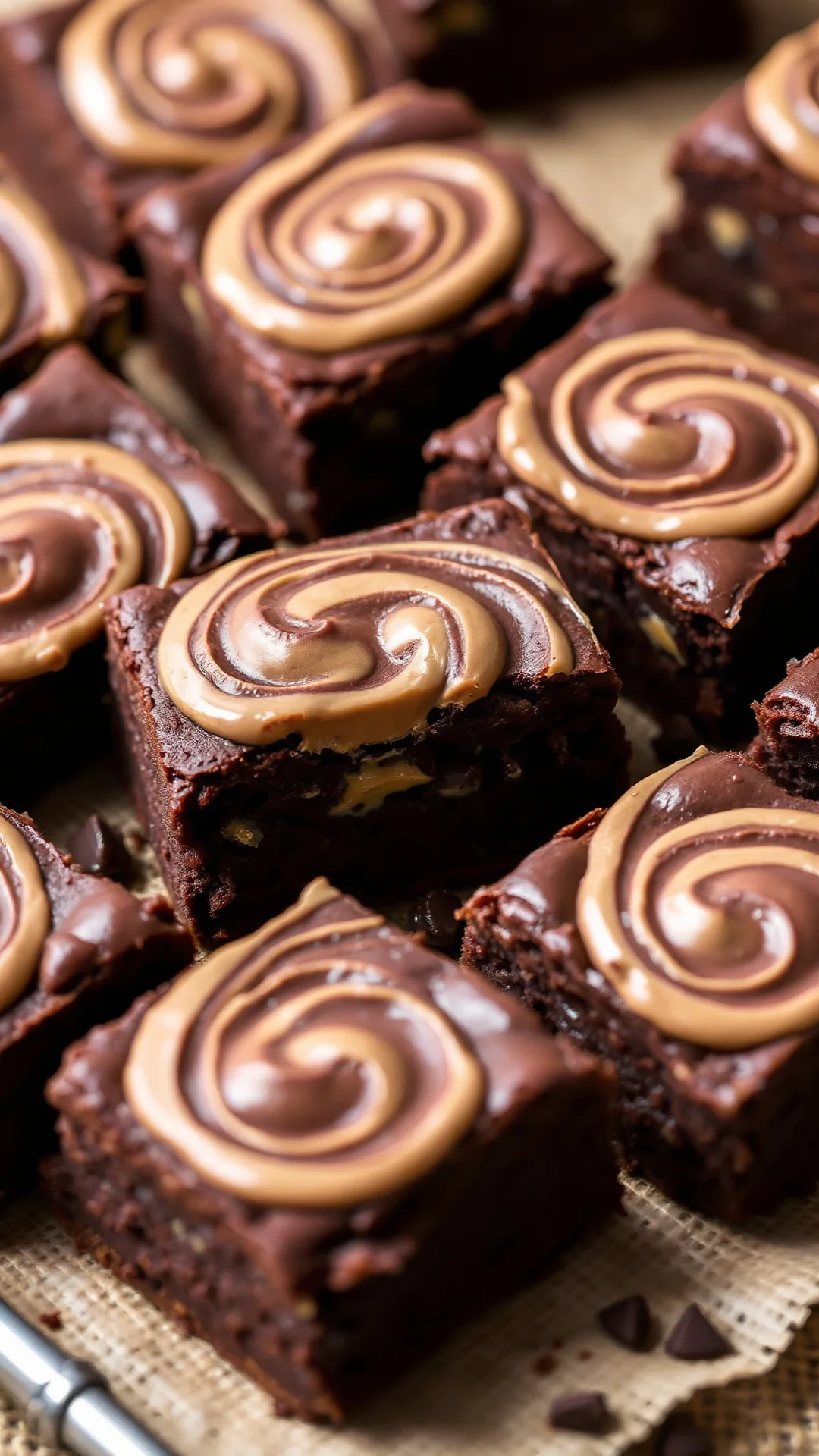Close-up portrait of flourless peanut butter brownies cut into squares, rich chocolate color, creamy swirls on top, rustic li