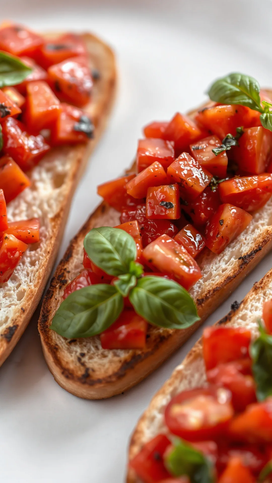 Close-up portrait of fresh bruschetta with diced tomatoes and basil on crispy toasted bread, detailed gourmet food photograph