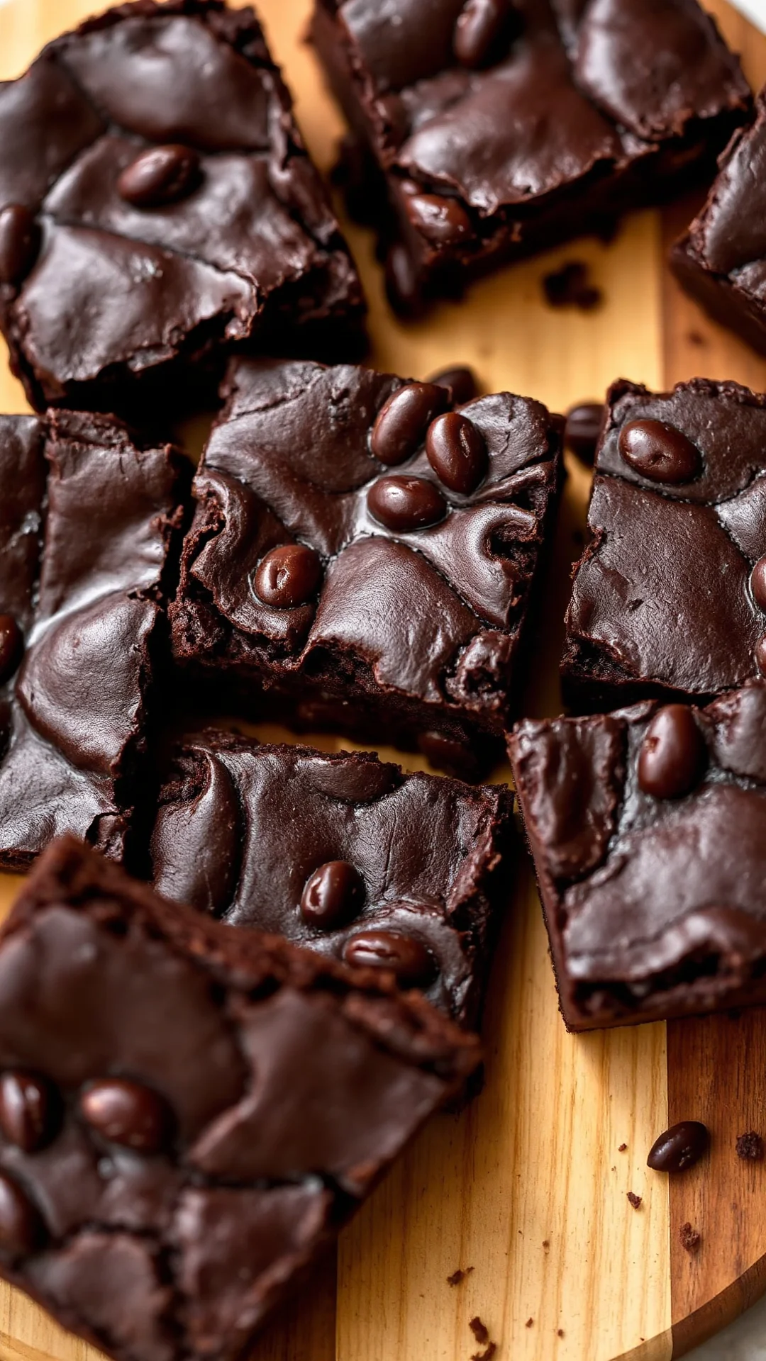 Close-up portrait of fudgy black bean brownies cut into squares on rustic wooden board, dark chocolate color, moist texture,