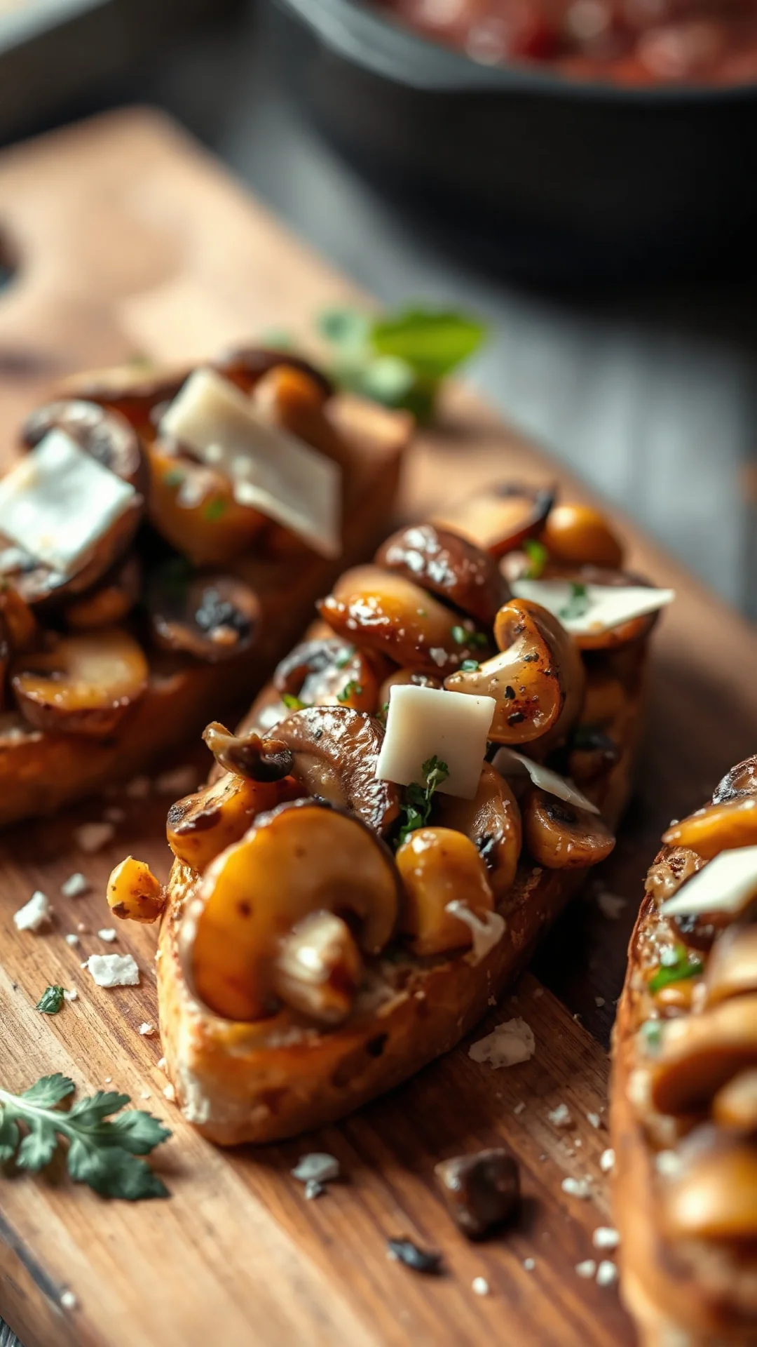 Close-up portrait of hearty bruschetta covered with golden sauteed mixed mushrooms and shaved parmesan on crispy ciabatta, wa