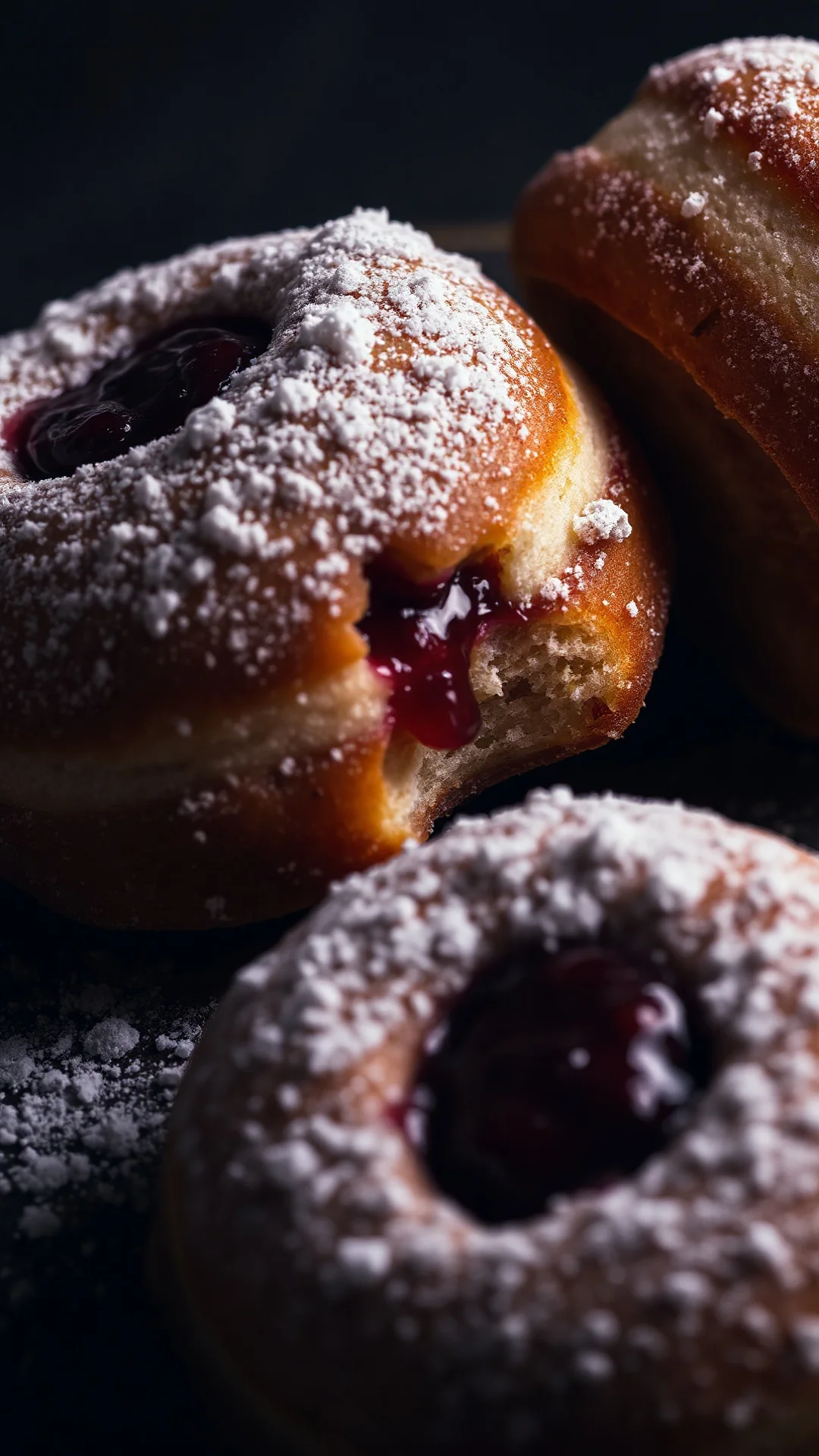 Close-up portrait of jam-filled donuts dusted with powdered sugar, raspberry jam oozing from center, dark moody background, 9