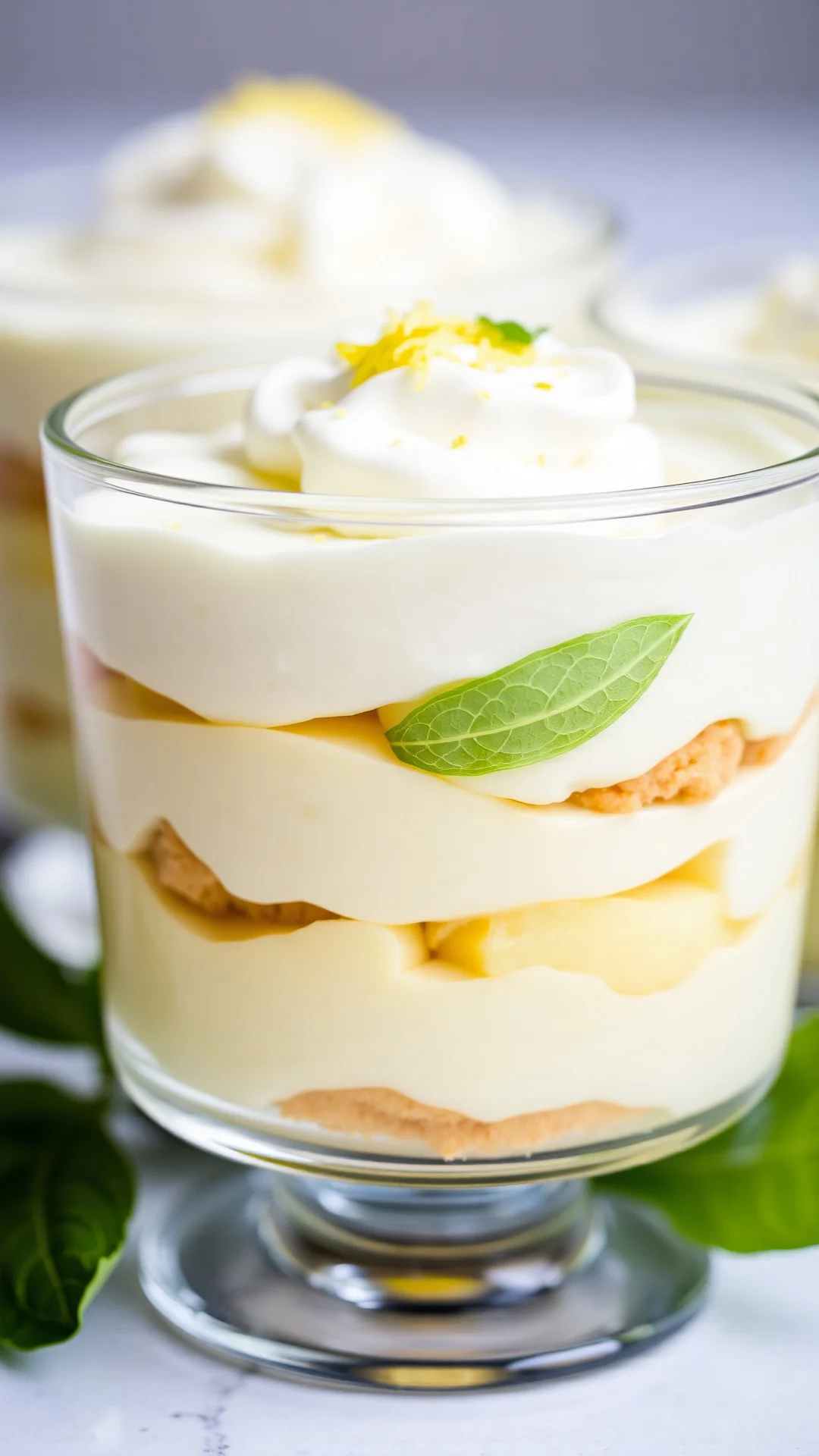 Close-up portrait of lemon basil tiramisu in a clear glass, pale yellow cream layers, green basil leaves garnish, lemon zest