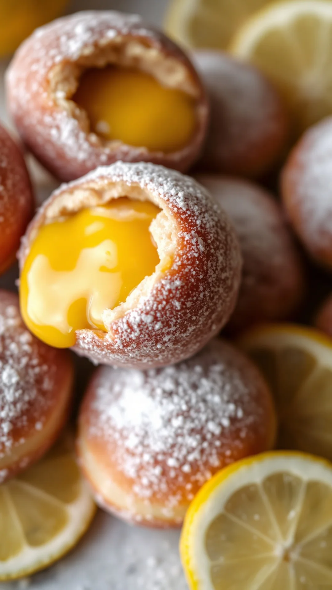 Close-up portrait of lemon curd filled round donuts dusted with powdered sugar, yellow curd oozing out, bright fresh lemon sl