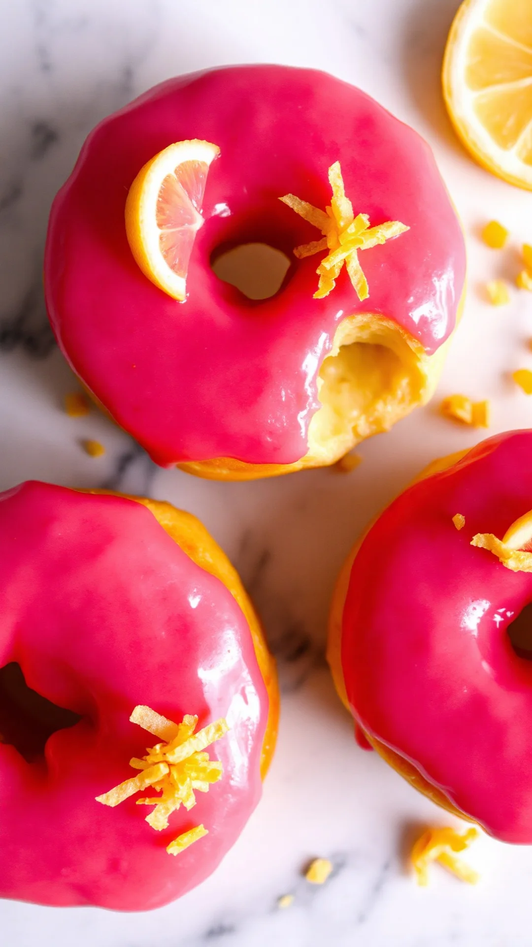 Close-up portrait of lemon donuts with bright pink glaze and candied lemon zest decoration, fresh vibrant colors, white marbl