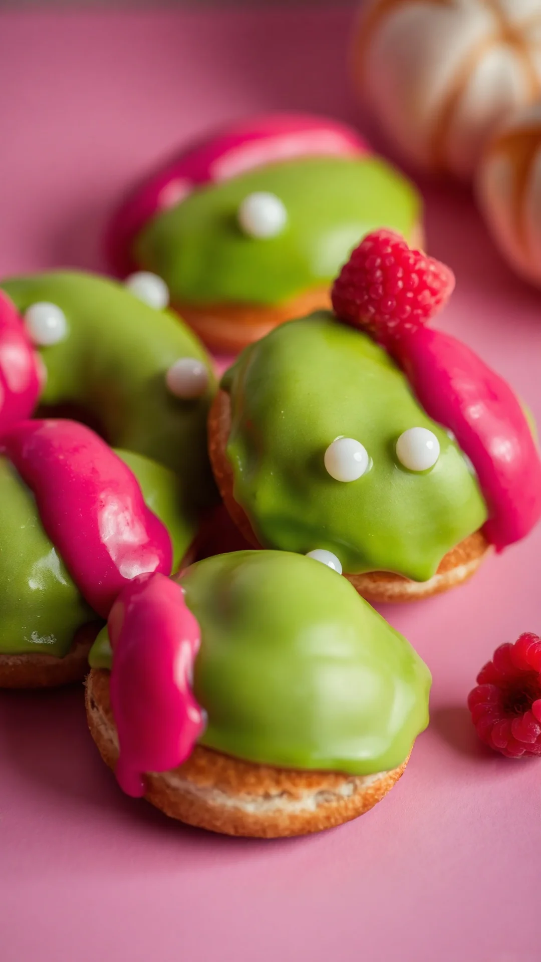 Close-up portrait of matcha green donuts with vivid pink raspberry glaze and sugar pearls on pastel background, elegant contr