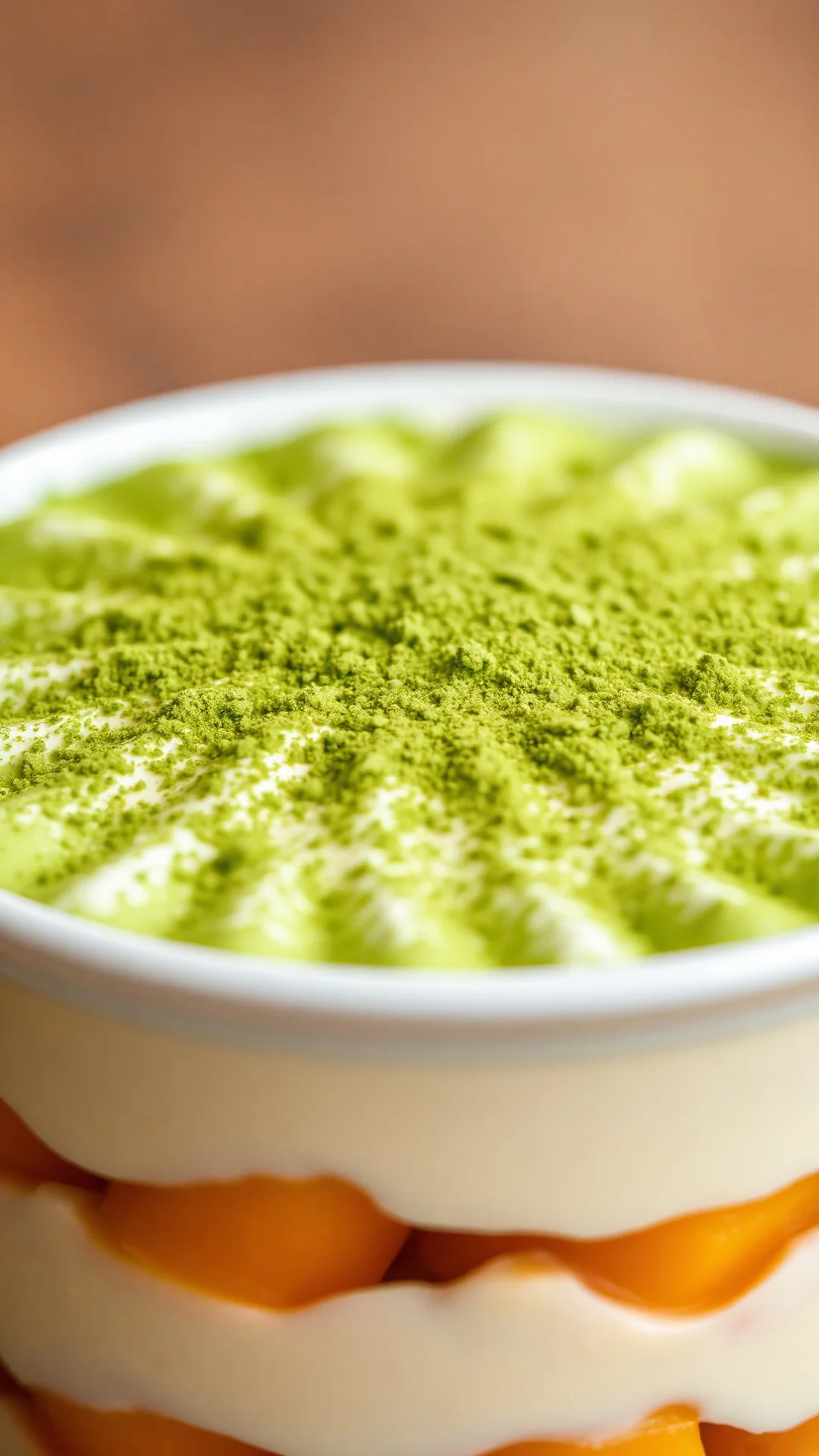 Close-up portrait of matcha green tea and mango tiramisu in a white bowl, vivid green matcha powder dusted on top, golden man