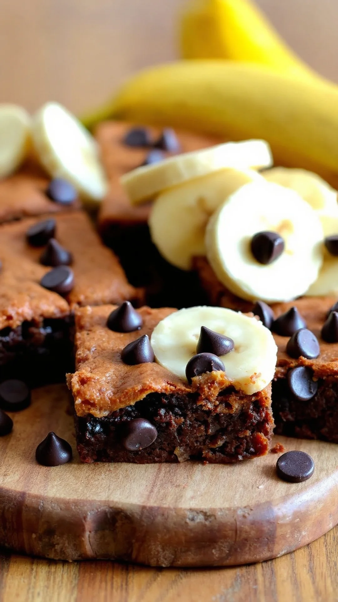Close-up portrait of protein banana brownies with chocolate chips on wooden cutting board, golden brown edges, moist crumb, f