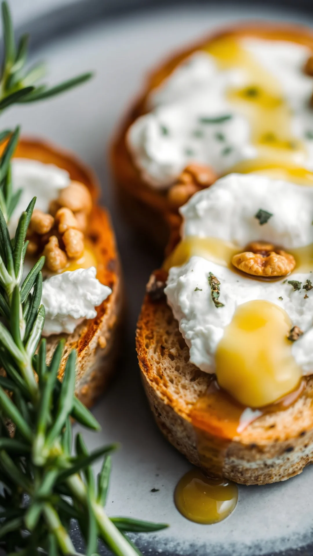 Close-up portrait of ricotta bruschetta with honey drizzle, walnuts and fresh rosemary on toasted rustic bread, golden honey