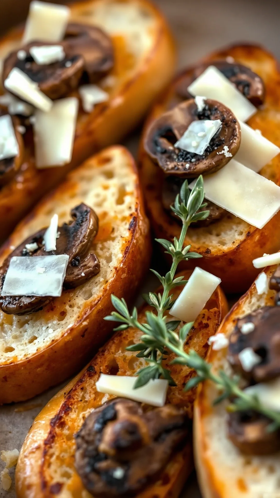 Close-up portrait of sautéed mushroom bruschetta topped with shaved parmesan on crispy baguette slices, golden brown, thyme