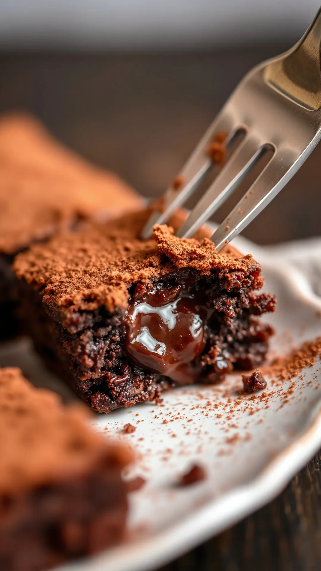 Close-up portrait of single fudgy brownie square, gooey melted chocolate center, crispy edges, dusted with cocoa powder, fork