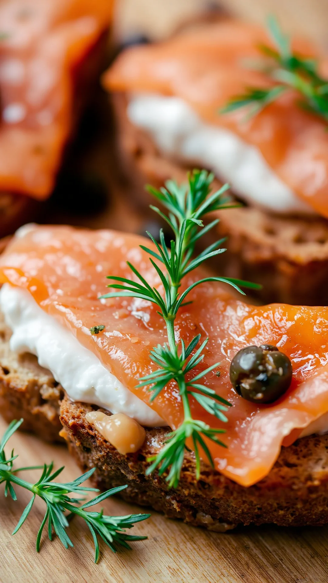 Close-up portrait of smoked salmon bruschetta on dark rye bread with cream cheese, fresh dill and capers, elegant appetizer,
