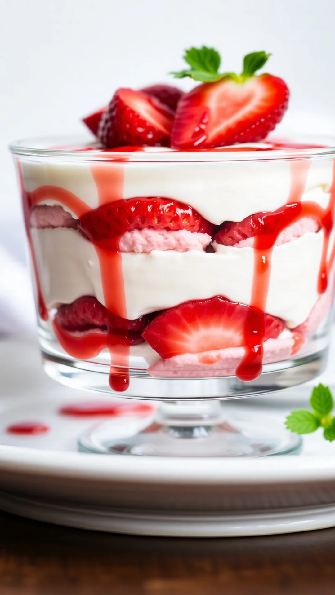 Close-up portrait of strawberry raspberry tiramisu in a glass dish, pink biscuits, fresh sliced strawberries, vibrant red cou