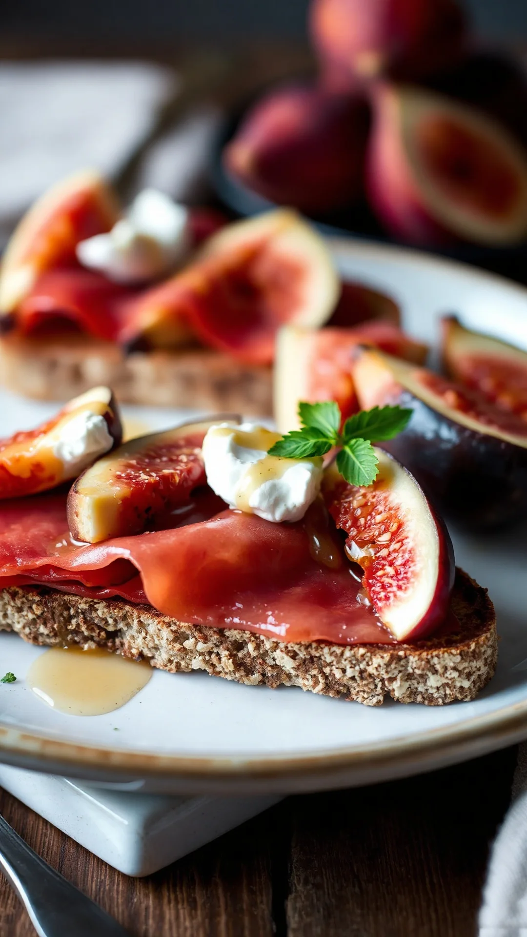 Close-up portrait of sweet and savory bruschetta with prosciutto di Parma, fresh figs, ricotta and honey drizzle on walnut br