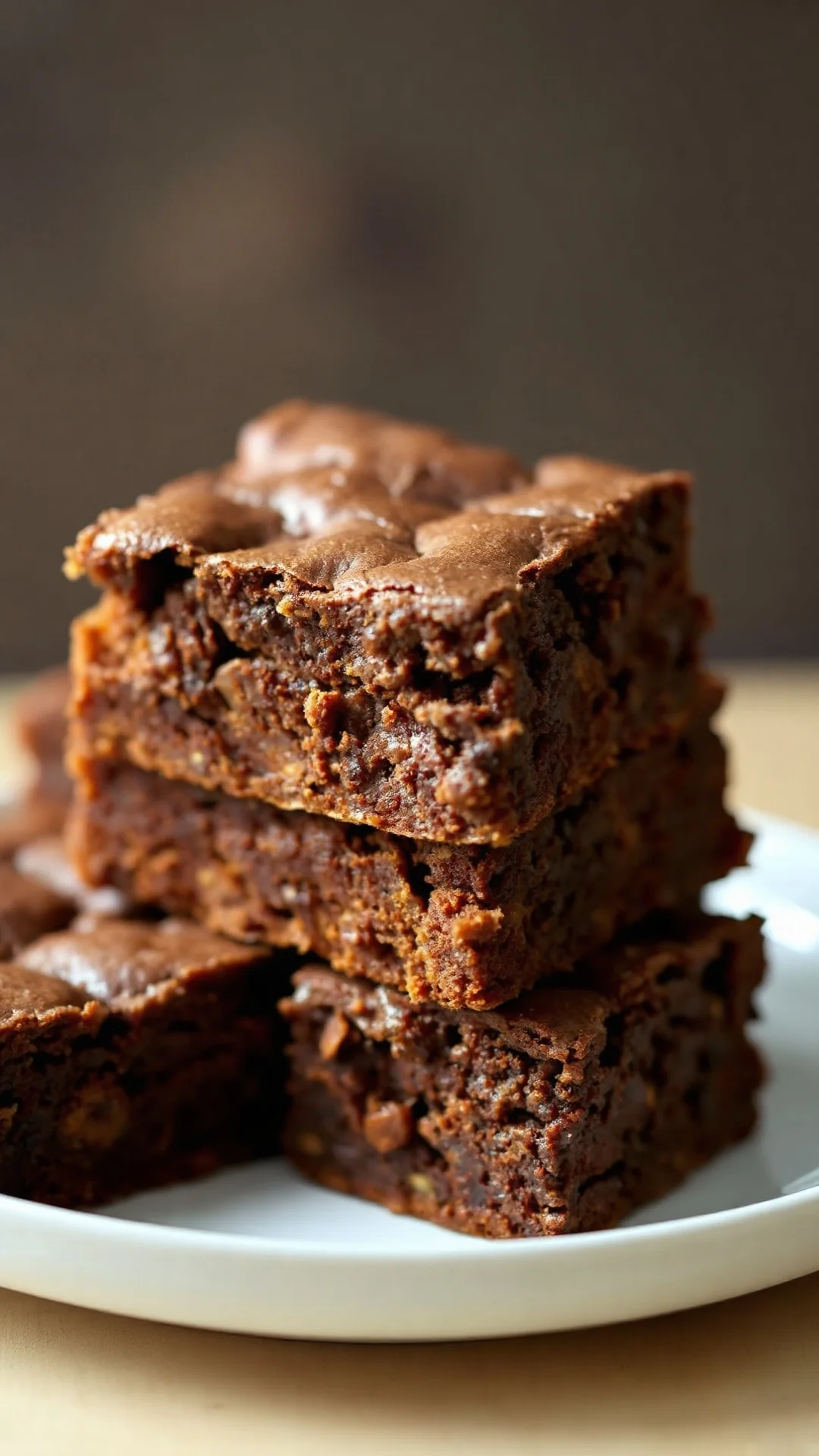 Close-up portrait of sweet potato brownies stacked on white plate, deep brown color, crackled top, soft moist interior, warm