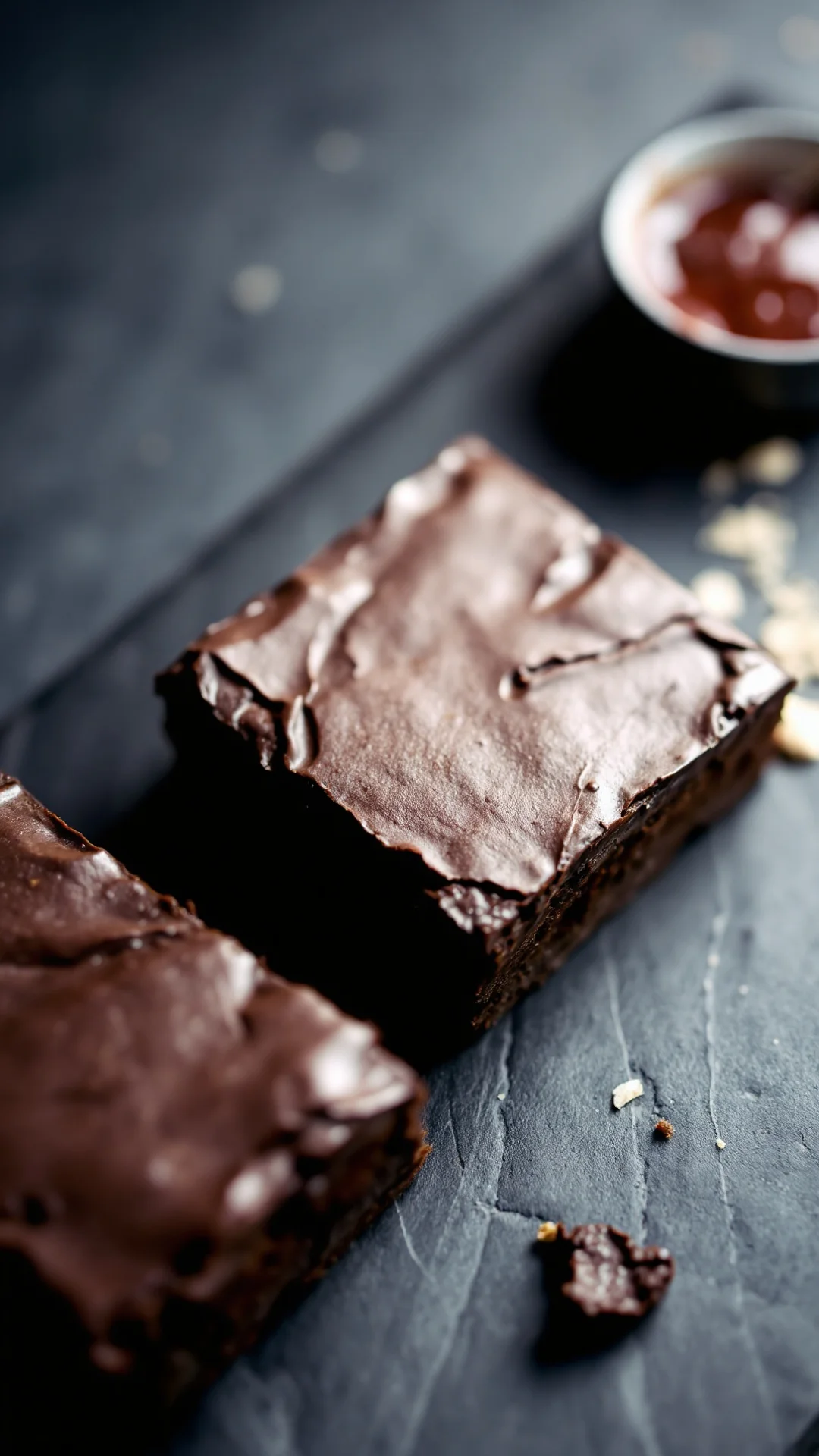 Close-up portrait of vegan silken tofu chocolate brownies on dark slate board, glossy surface, smooth texture, minimalist sty