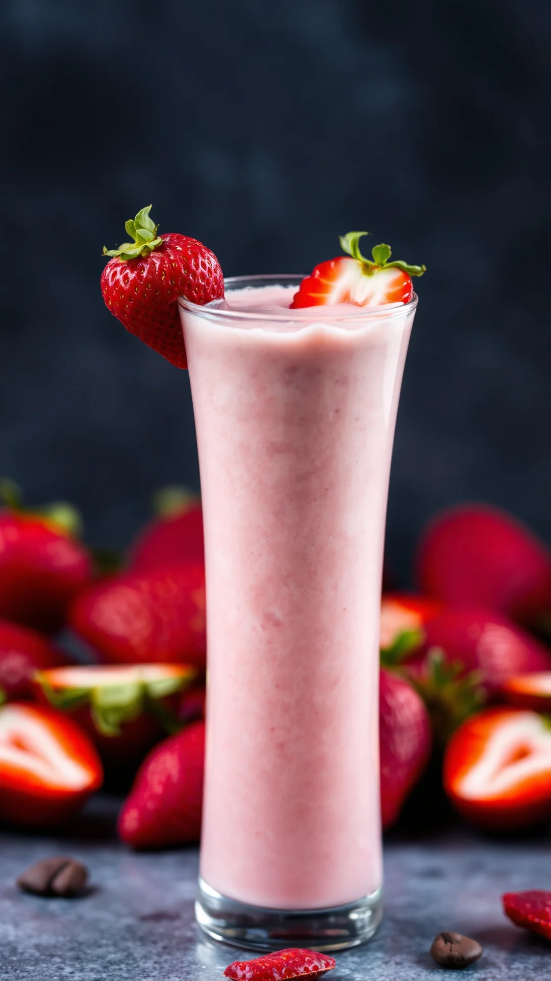 Close-up portrait shot of creamy pink smoothie in tall glass with strawberry garnish, blurred fresh fruits background, smooth