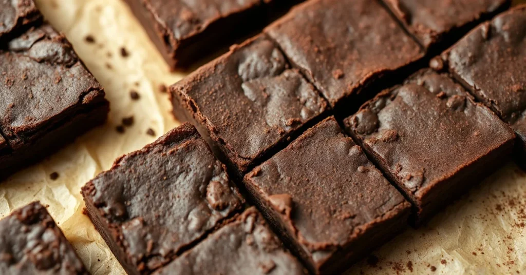 Close-up shot of freshly baked Nutella brownies, fudgy texture, dusted with cocoa powder, neatly cut squares arranged on parc