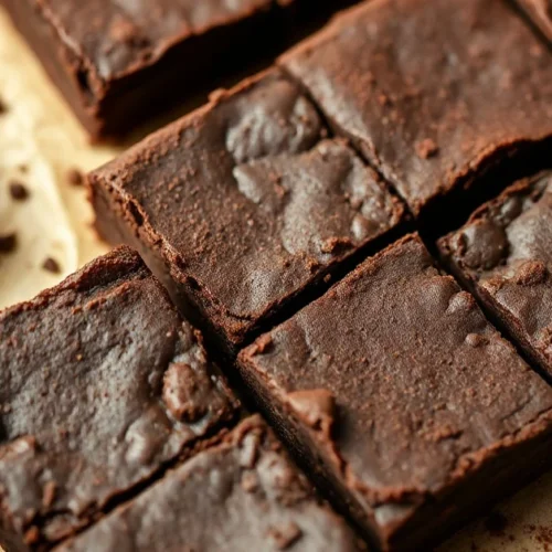 Close-up shot of freshly baked Nutella brownies, fudgy texture, dusted with cocoa powder, neatly cut squares arranged on parc