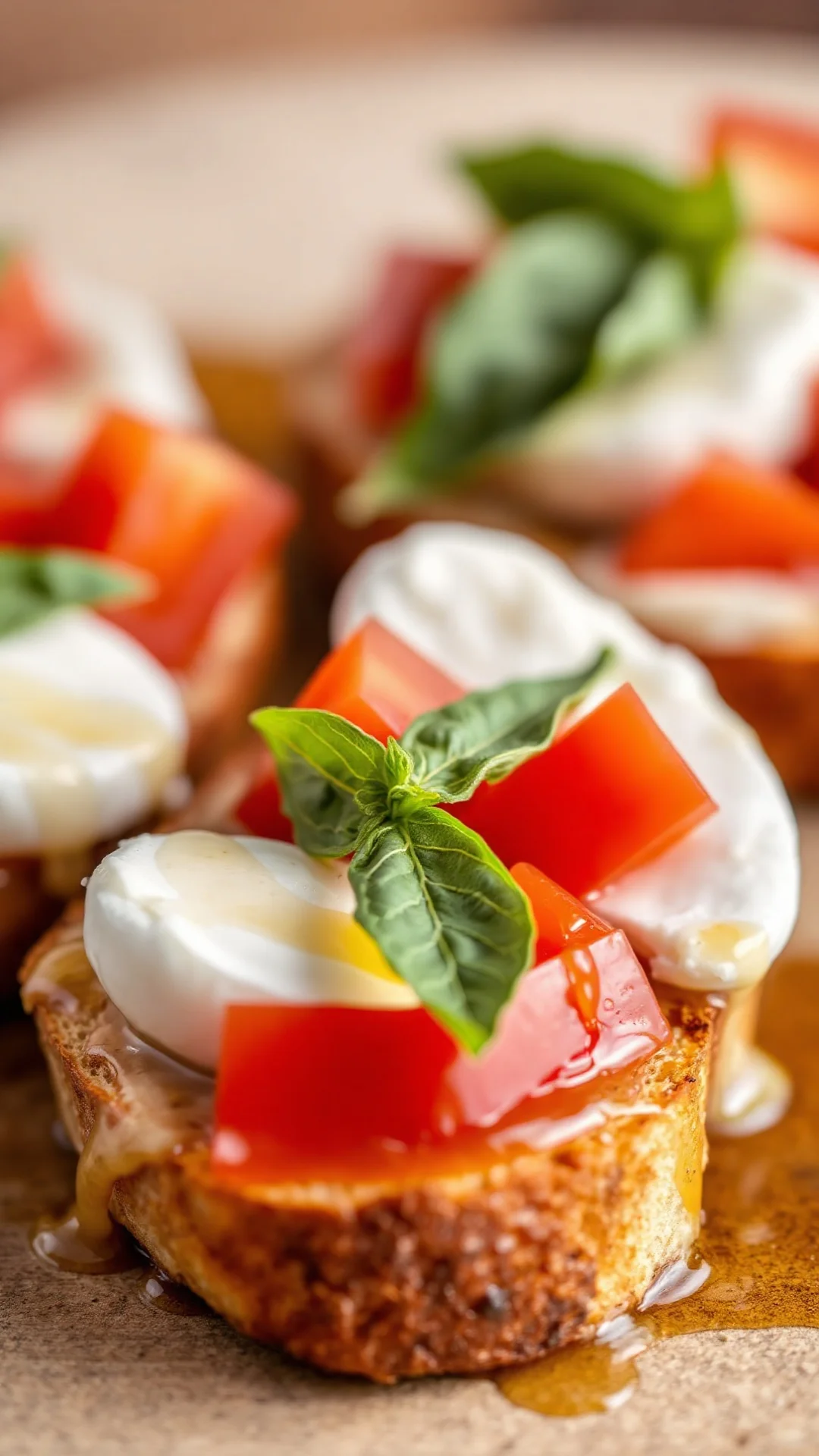 Close-up shot of single bruschetta with creamy fresh mozzarella, juicy tomato chunks, green basil leaf, glistening olive oil