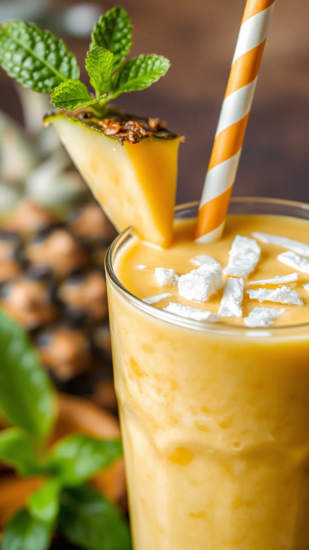 Close-up tropical smoothie glass with creamy mango pineapple blend, fresh mint leaf, coconut shavings, frozen ice cubes, gold