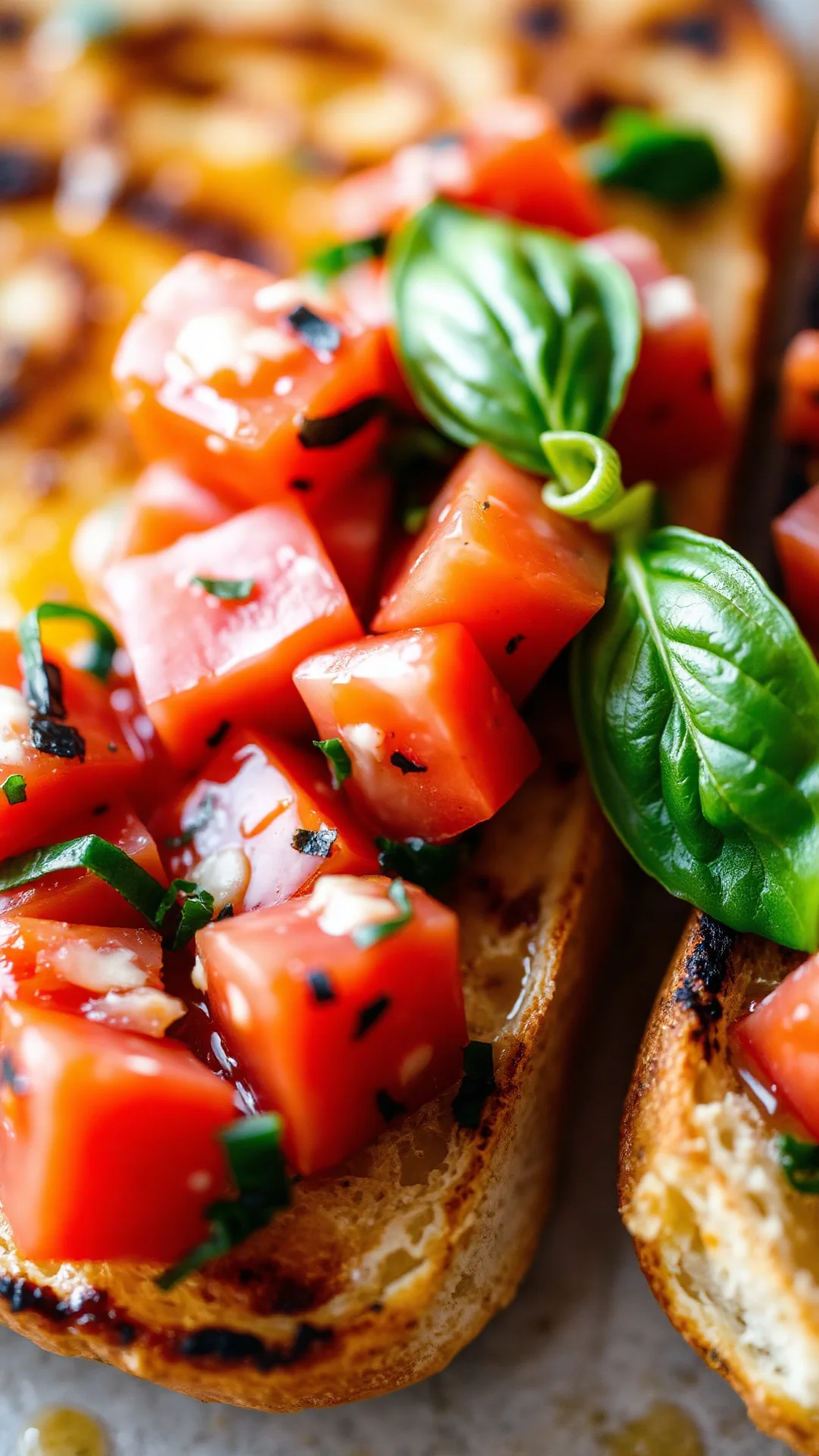 Close-up vegan bruschetta with fresh diced tomatoes, basil leaf, olive oil drizzle on crispy grilled bread, macro food photog