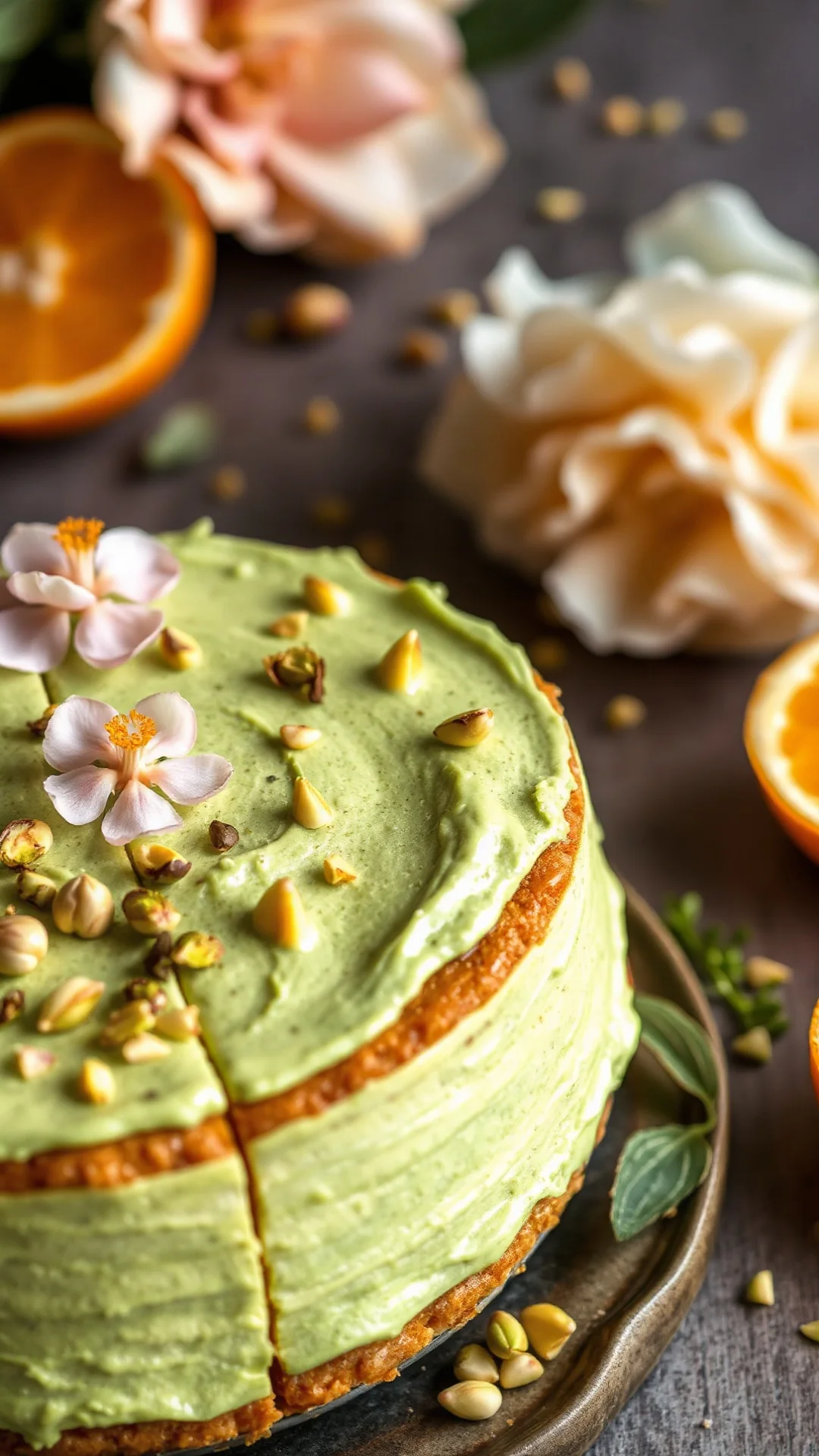 Close-up vertical portrait of a pistachio orange blossom fraisier cake with green cream and crushed pistachios, edible flower