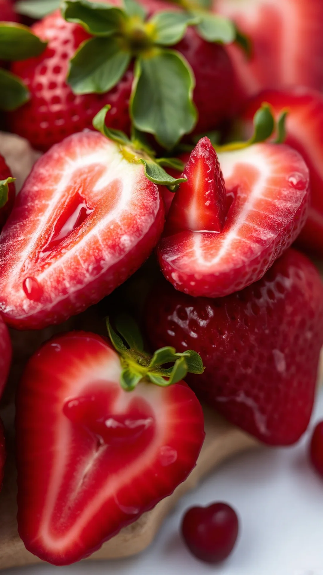Close-up vertical shot of fresh strawberry slices with creamy filling, vibrant red berries, elegant dessert detail, professio