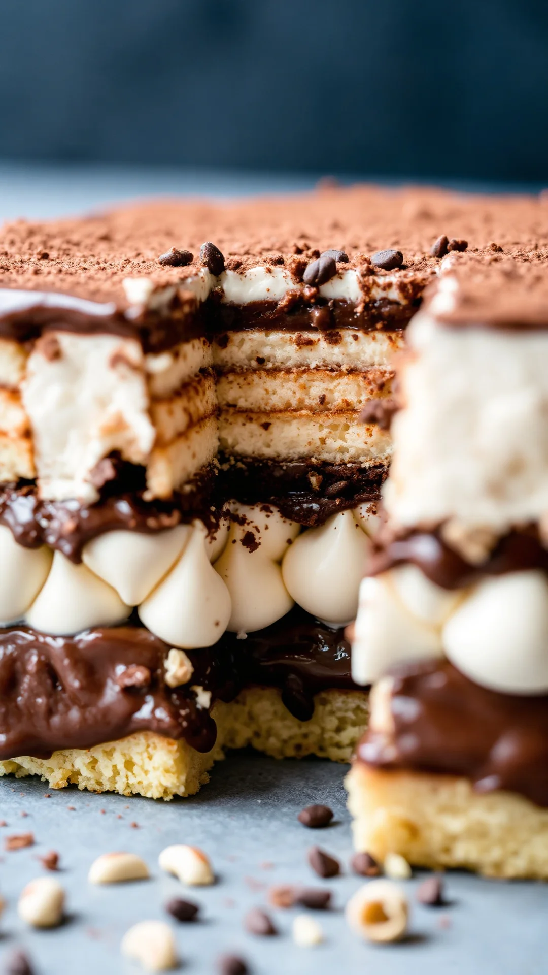 Close-up vertical shot of Nutella tiramisu cross-section showing layers, creamy mascarpone, coffee-soaked ladyfingers, cocoa