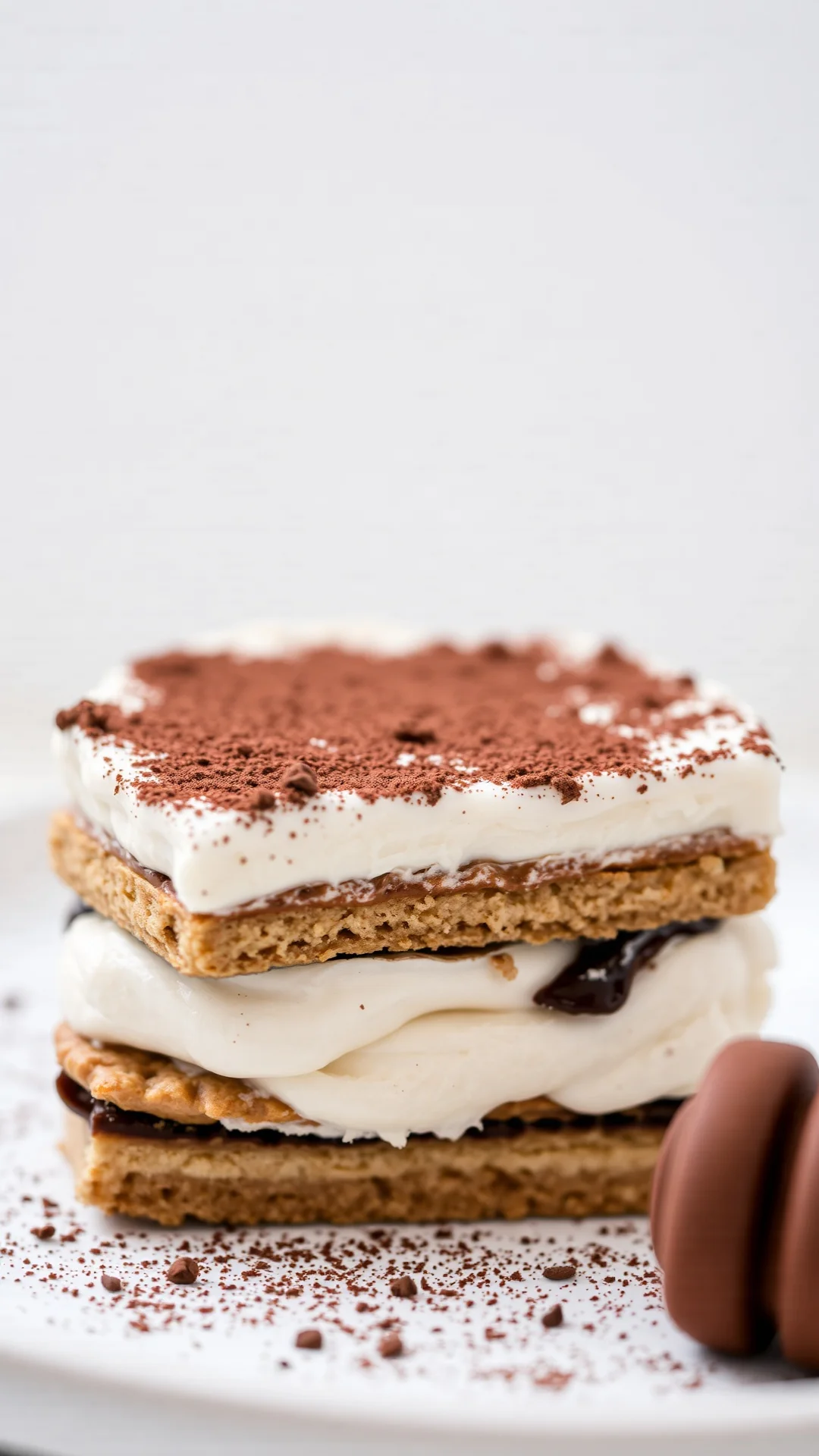 Close-up view of creamy tiramisu slice with mascarpone layers, coffee-soaked savoiardi biscuits, rich cacao powder coating, p