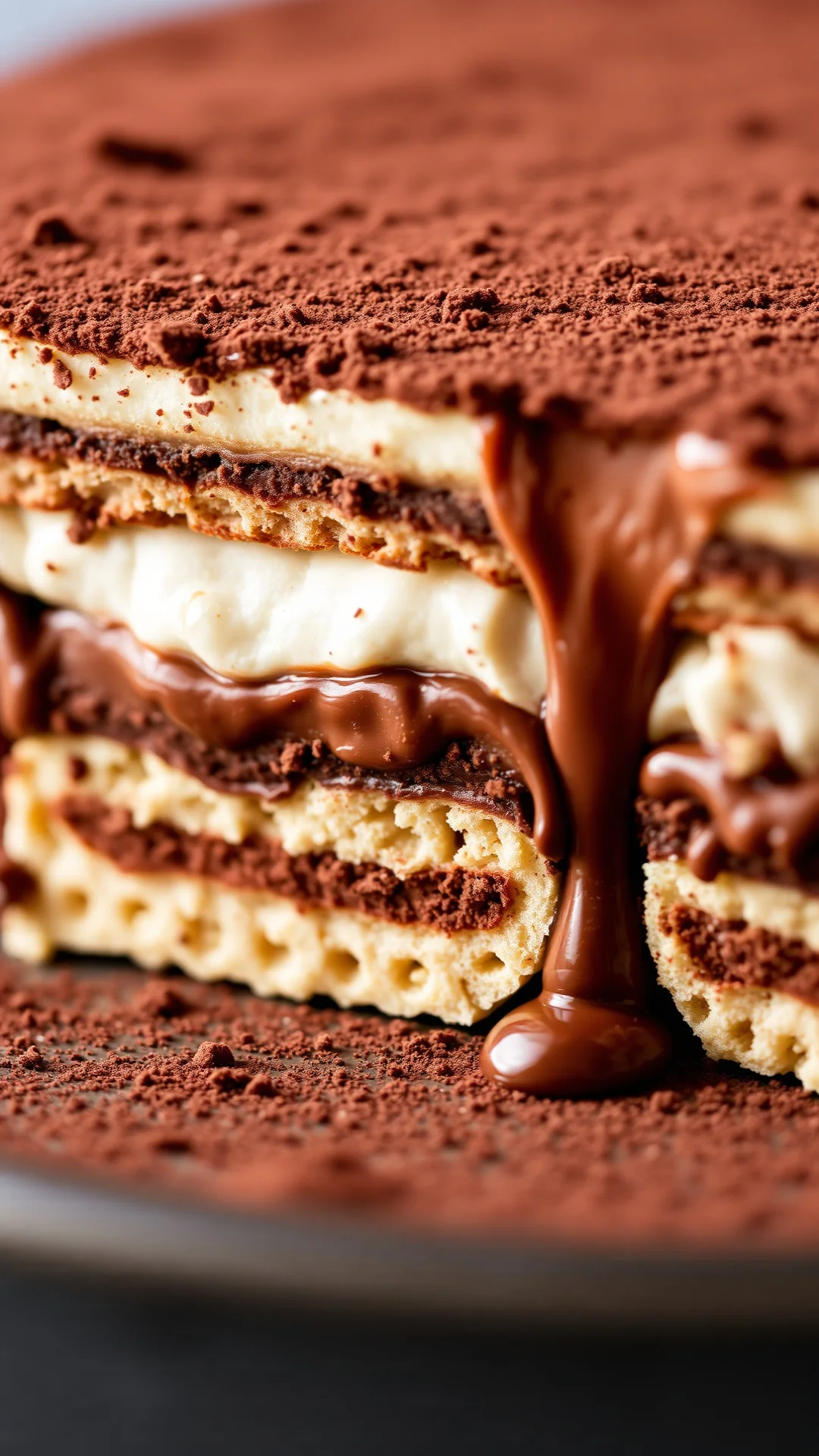 Closeup macro shot of creamy Nutella tiramisu cross-section, chocolate mascarpone layers, ladyfinger biscuits, dusted with da