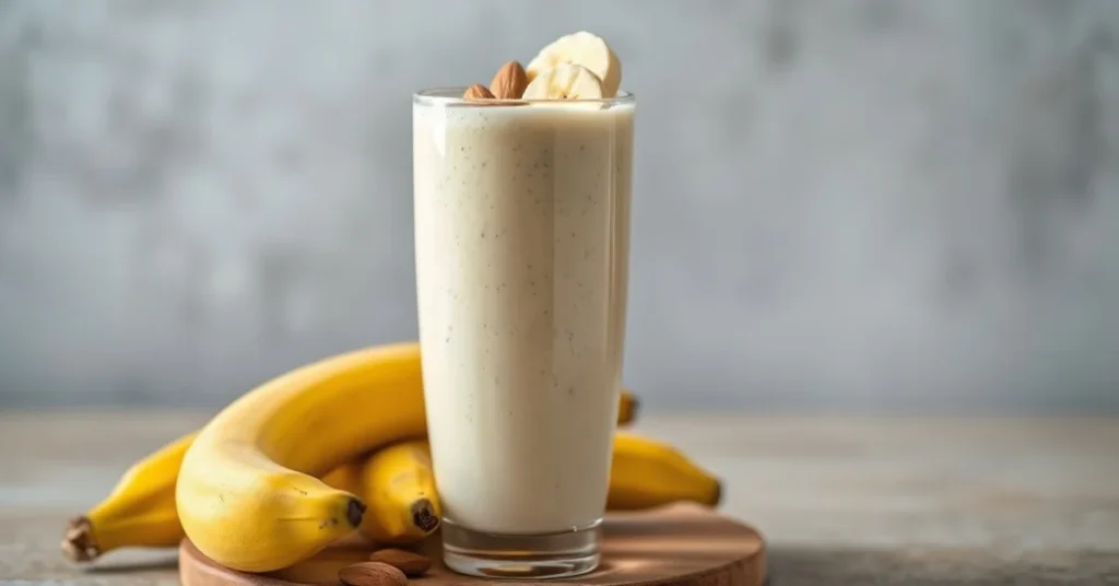 Creamy banana smoothie in a tall glass with sliced bananas, almonds on top, fresh ripe bananas beside, natural daylight, appe
