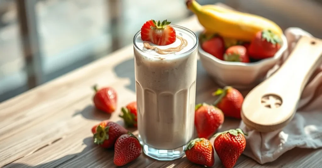 Creamy dairy-free smoothie with fresh strawberries and banana, topped with almond butter swirl, served in a tall glass with i