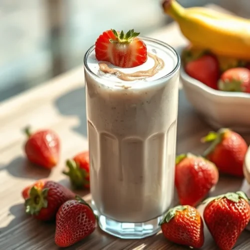 Creamy dairy-free smoothie with fresh strawberries and banana, topped with almond butter swirl, served in a tall glass with i
