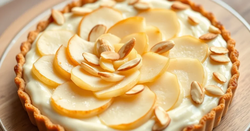 Creamy pear almond tart with sliced pears arranged in rosette pattern, golden brown baked surface, topped with sliced almonds