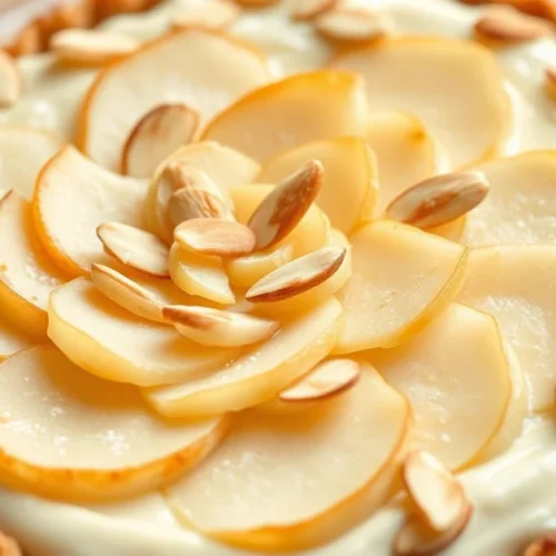 Creamy pear almond tart with sliced pears arranged in rosette pattern, golden brown baked surface, topped with sliced almonds