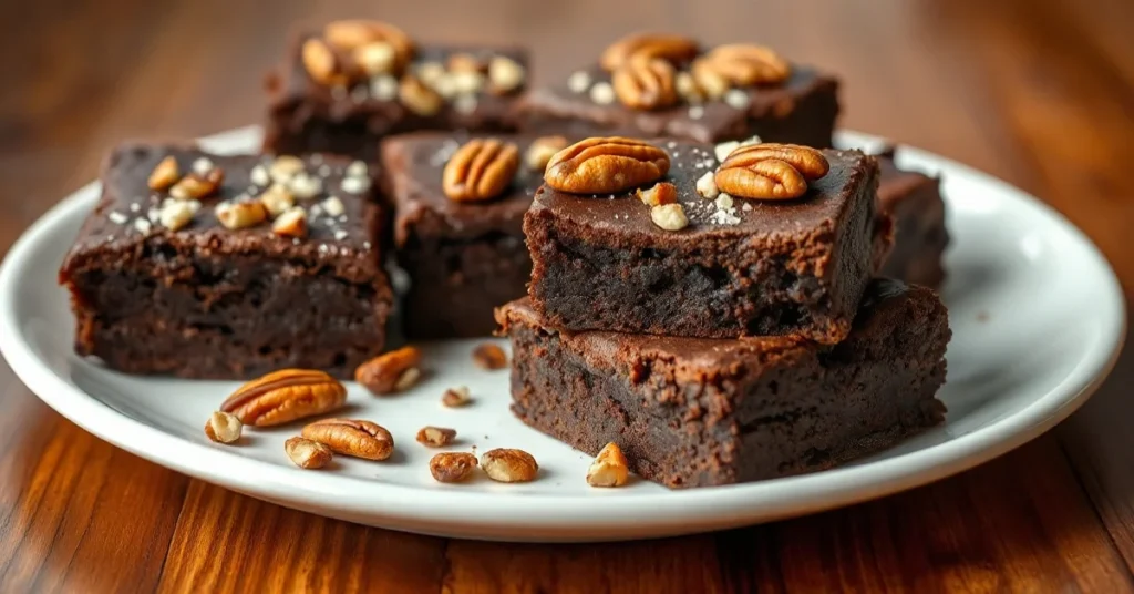 Decadent dark chocolate brownies topped with crushed pecans, freshly baked, dense fudgy texture, served on white plate, warm
