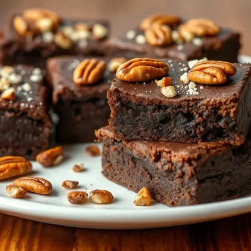 Decadent dark chocolate brownies topped with crushed pecans, freshly baked, dense fudgy texture, served on white plate, warm